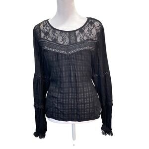 American Rag Cie Womens Black Lace Yoke Boho Blouse Long Bell Sleeve Size M